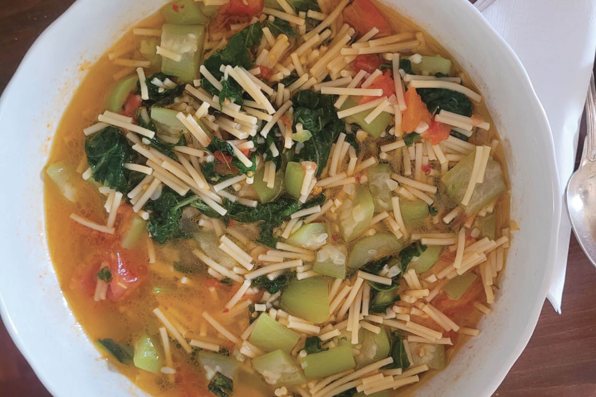 Traditional Sicilian vegetable soup with broken pasta served during the countryside cooking class