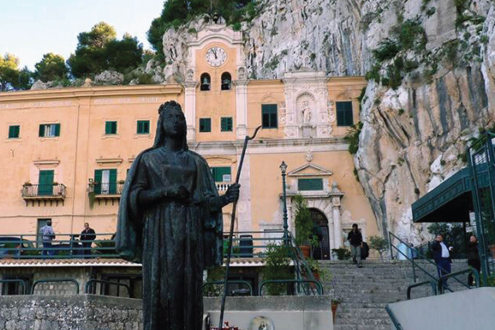 Sanctuary of Santa Rosalia on Monte Pellegrino in Palermo, a sacred pilgrimage site nestled into the cliffside with statue of the patron saint